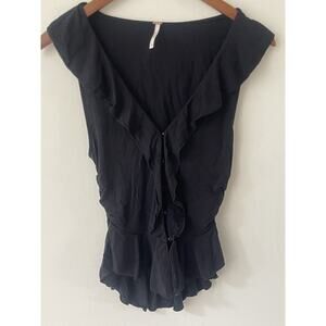 Free People Womens Ruffle Collar Top Size Small Black Short Sleeve Peplum Boho